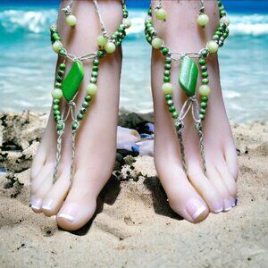 NEW Green & Yellow Beaded Barefoot Sandals. Handmade foot jewelry.